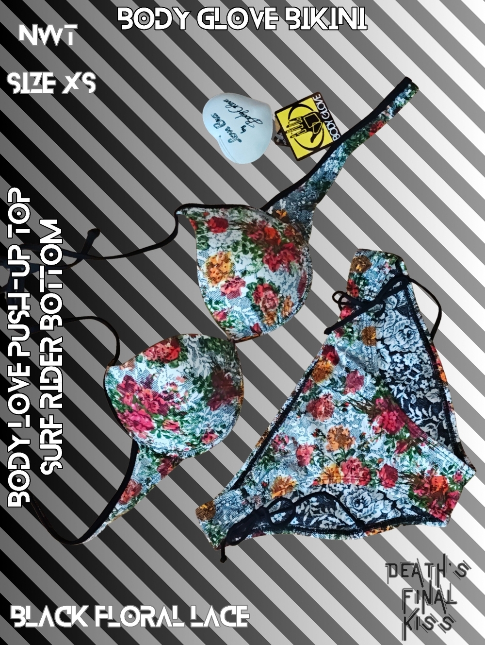 Body Glove White Floral Lace Love Push-up Bikini Surf Rider Side Tie Cheeky XS